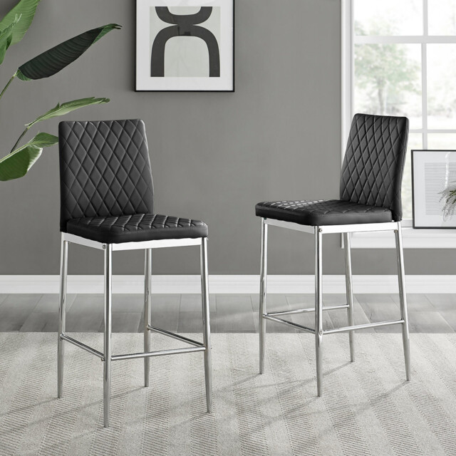 2x Milan Black Faux Leather Counter Stools Silver Legs - image 1
