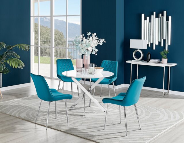 Novara White High Gloss Round Dining Table & 4 Pesaro Silver Leg Chairs - image 1