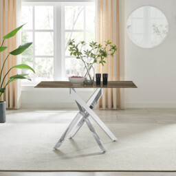 Leonardo Rectangle Brown/Grey Marble Glass & Silver Metal 4 Seat Dining Table - thumbnail 1