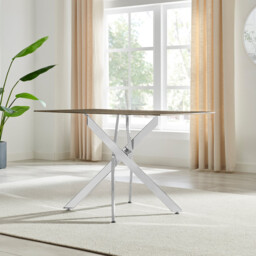 Leonardo Rectangle Brown/Grey Marble Glass & Silver Metal 4 Seat Dining Table - thumbnail 3