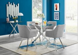 Novara Round Glass Dining Table & 4 Falun Silver Leg Chairs