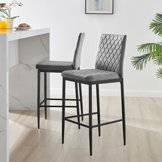2x Milan Grey Velvet Counter Stools Black Legs - image 1