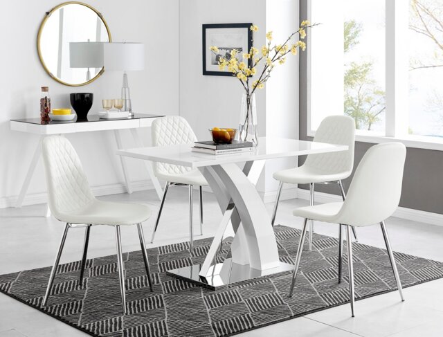 Atlanta White High Gloss And Chrome Metal Rectangle Dining Table And 4 Corona Silver Dining Chairs Set - image 1
