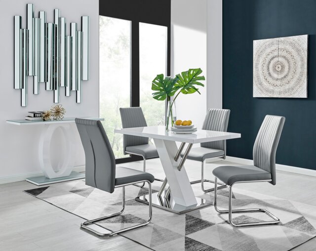 Sorrento 4 White High Gloss And Chrome Dining Table And 4 Lorenzo Chairs Set - image 1