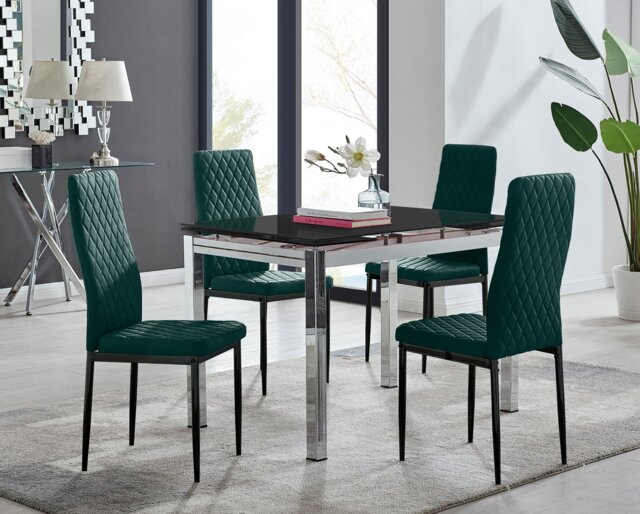 Enna Black Glass Extending Dining Table and 4 Velvet Milan Black Leg Chairs - image 1