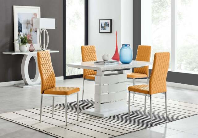 Furniturebox Renato High Gloss Extending Dining Table and 4 Milan Chairs, Faux Leather in Mustard - Size: 39x96x49 cm - image 1
