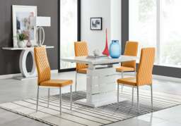 Furniturebox Renato High Gloss Extending Dining Table and 4 Milan Chairs, Faux Leather in Mustard - Size: 39x96x49 cm - thumbnail 1