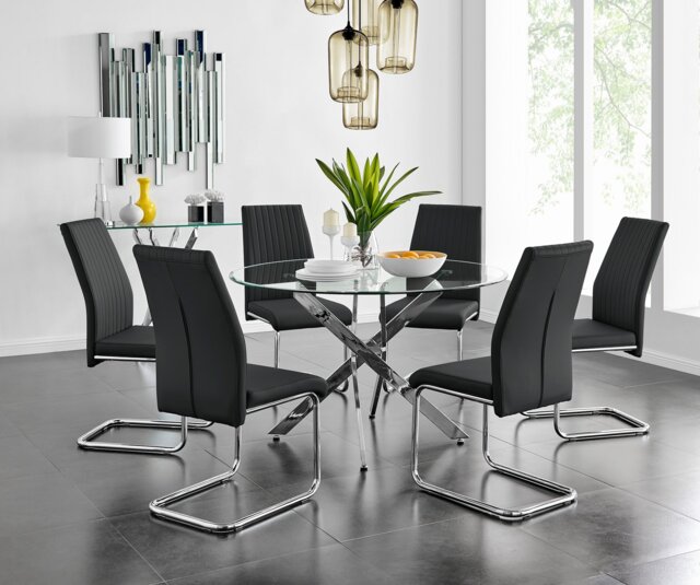Novara Chrome Metal And Glass Large 120cm Round Dining Table And 6 Lorenzo Chairs Set - image 1
