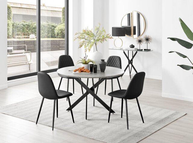 Novara Grey Concrete Effect Black Leg 120cm Round Dining Table & 4 Corona Black Leg Chairs - image 1