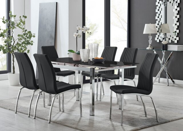 Enna Black Glass Extending Dining Table and 6 Isco Chairs - image 1