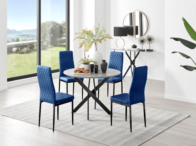 Novara Grey Concrete Effect Black Leg Round Dining Table & 4 Velvet Milan Black Leg Chairs - image 1