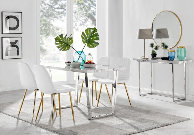 Kylo White Marble Effect Dining Table & 4 Corona Gold Leg Chairs - image 1