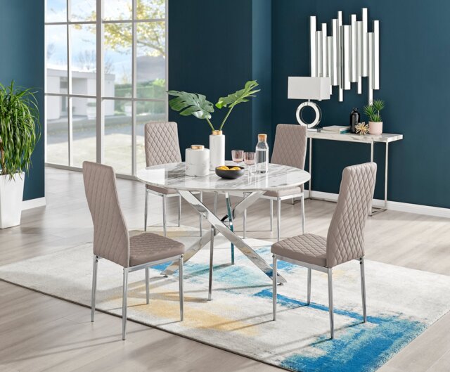 Novara White Marble 120cm Round Dining Table & 4 Milan Chrome Leg Chairs - image 1