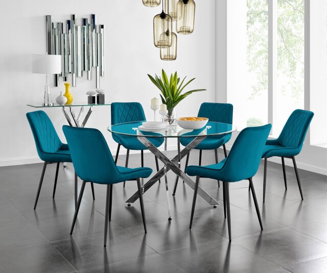 Novara 120cm Round Dining Table and 6 Pesaro Black Leg Chairs - image 1