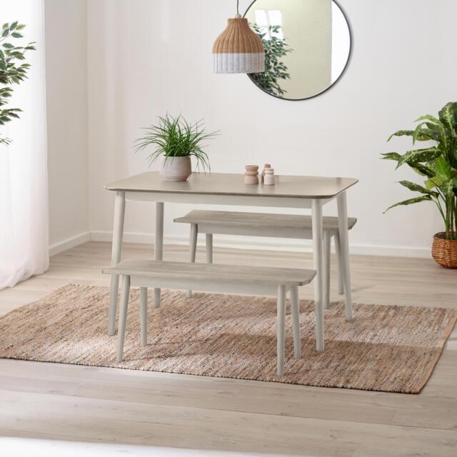 Lynton Small White & Light Grey Wooden Dining Table & 2 Benches - image 1