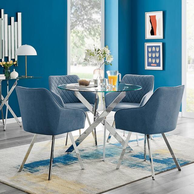 Novara Round Glass Dining Table & 4 Falun Silver Leg Chairs - image 1