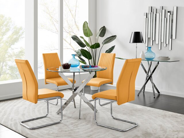 Novara Chrome Metal 100cm Round Glass Dining Table And 4 Lorenzo Dining Chairs - image 1