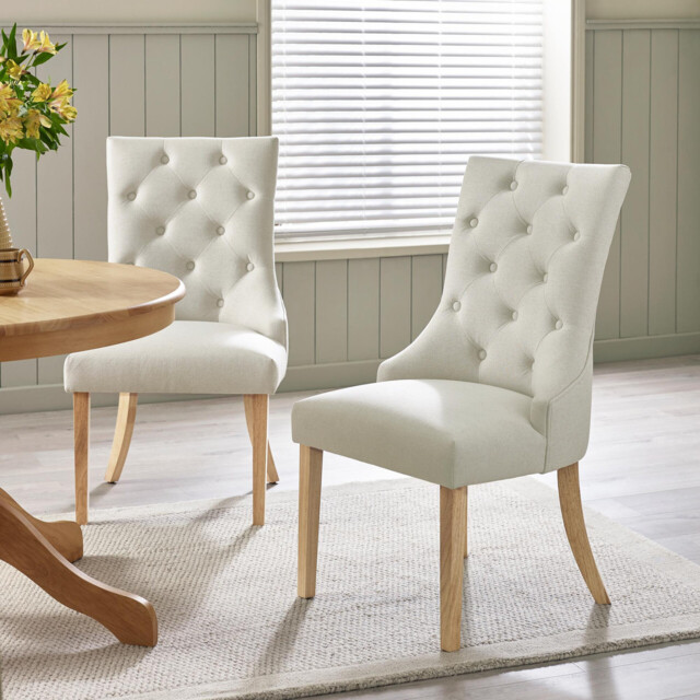 2x Belgravia Beige Fabric Dining Chairs With Oak Effect Legs - image 1
