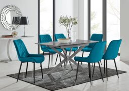Lira 100cm Grey Metal Extending Dining Table & 6 Pesaro Black Leg Chairs