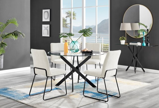 Novara 120cm Black Leg Round Glass Dining Table & 4 Halle Chairs - image 1