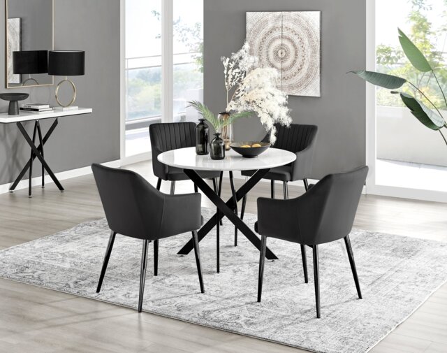 Novara White Gloss Black Leg Round Dining Table & 4 Calla Black Leg Chairs - image 1
