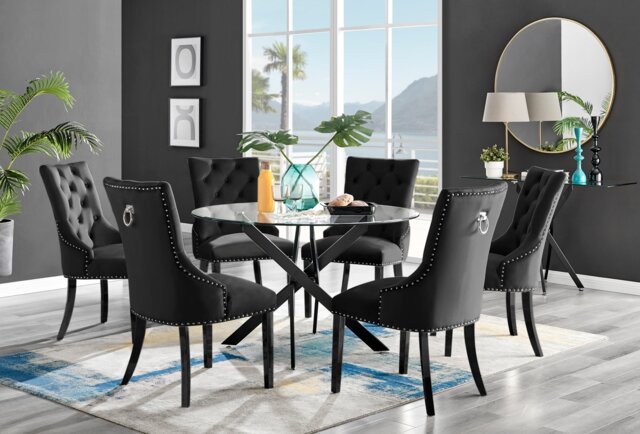 Novara Black Leg 120cm Round Glass Dining Table & 6 Belgravia Black Leg Chairs - image 1
