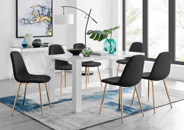 Pivero White High Gloss Dining Table And 6 Corona Gold Chairs Set - image 1