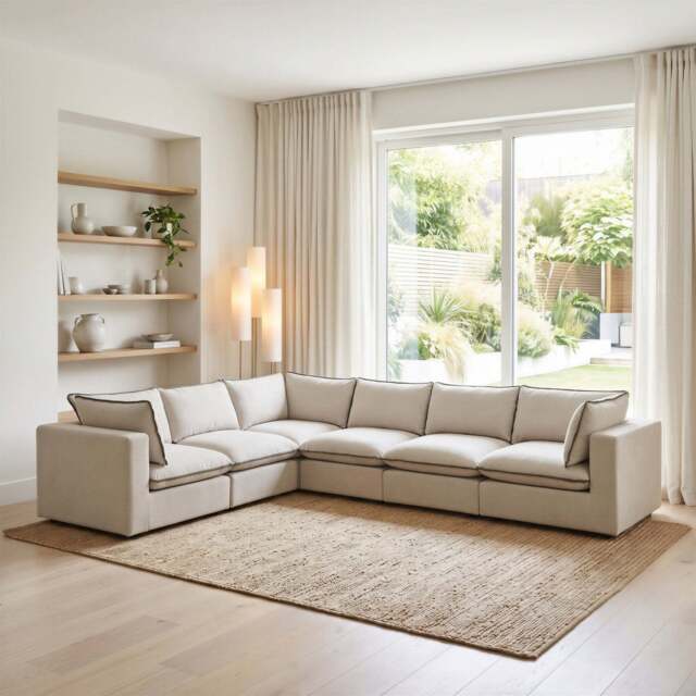 Furniturebox Echo & Green Linen-Look Trim Fabric 5 Seater L-Shaped Modular Corner Sofa in Cream - Size: 280x83x362 cm - image 1