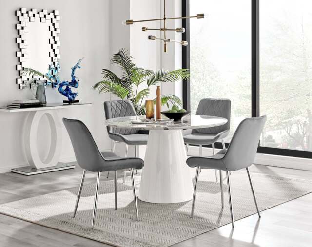 Furniturebox Palma White Marble Effect Round Dining Table & 4 Pesaro Silver Chairs, Velvet/Metal/Engineered Wood in Grey - Size: 53x87x63 cm - image 1