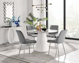 Furniturebox Palma White Marble Effect Round Dining Table & 4 Pesaro Silver Chairs, Velvet/Metal/Engineered Wood in Grey - Size: 53x87x63 cm - thumbnail 1