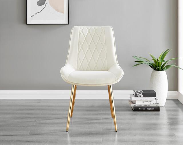 Furniturebox Novara Gold Round Dining Table and 4 Pesaro Gold Leg Chairs, Tempered Glass/Metal/Glass in Cream - Size: 53x87x63 cm - image 1
