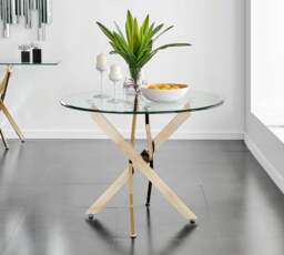 Furniturebox Novara Gold Round Dining Table and 4 Pesaro Gold Leg Chairs, Tempered Glass/Metal/Glass in Cream - Size: 53x87x63 cm - thumbnail 5