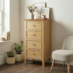 Belle 4 Drawer Tall Solid Oak Slim Chest of Drawers - thumbnail 1