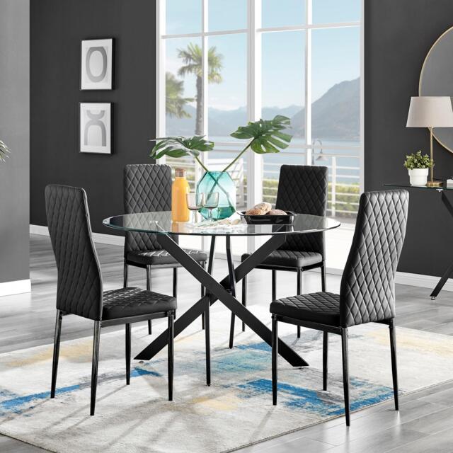Novara Black Leg 120cm Round Glass Dining Table & 4 Milan Black Leg Chairs - image 1