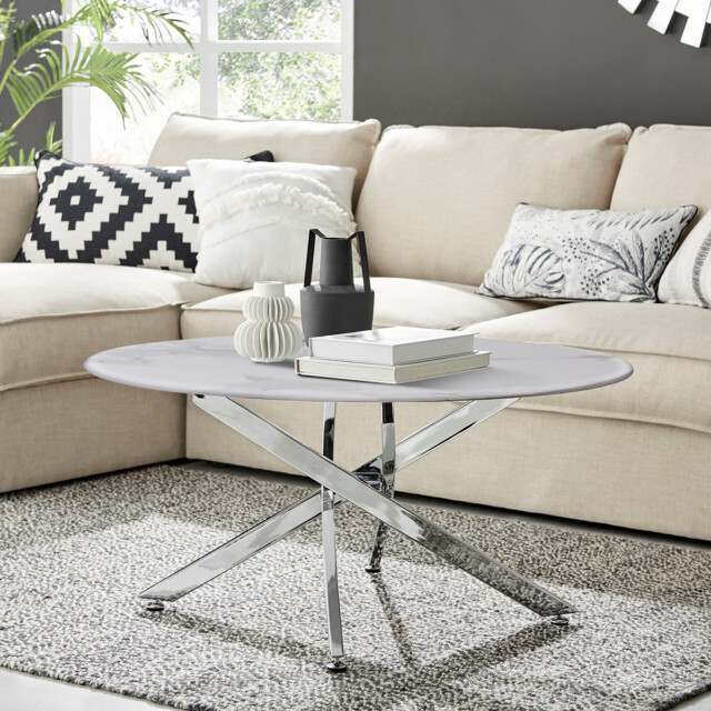 Novara Round White Marble Glass and Silver Coffee Table - image 1