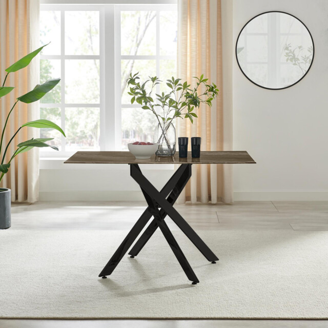 Leonardo Rectangle Brown/Grey Marble Glass & Black Metal 4 Seat Dining Table - image 1
