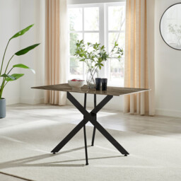Leonardo Rectangle Brown/Grey Marble Glass & Black Metal 4 Seat Dining Table - thumbnail 2