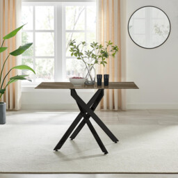 Leonardo Rectangle Brown/Grey Marble Glass & Black Metal 4 Seat Dining Table - thumbnail 1