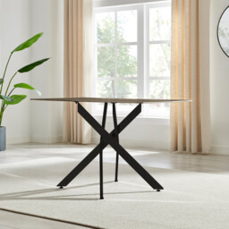 Leonardo Rectangle Brown/Grey Marble Glass & Black Metal 4 Seat Dining Table - thumbnail 3