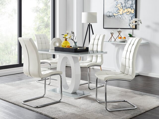 Giovani Grey White Modern High Gloss And Glass Dining Table And 4 Murano Chairs Set - image 1