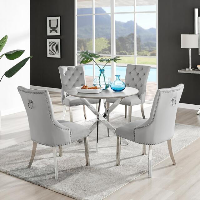 Novara Grey Concrete Effect Round Dining Table & 4 Velvet Belgravia Chairs - image 1