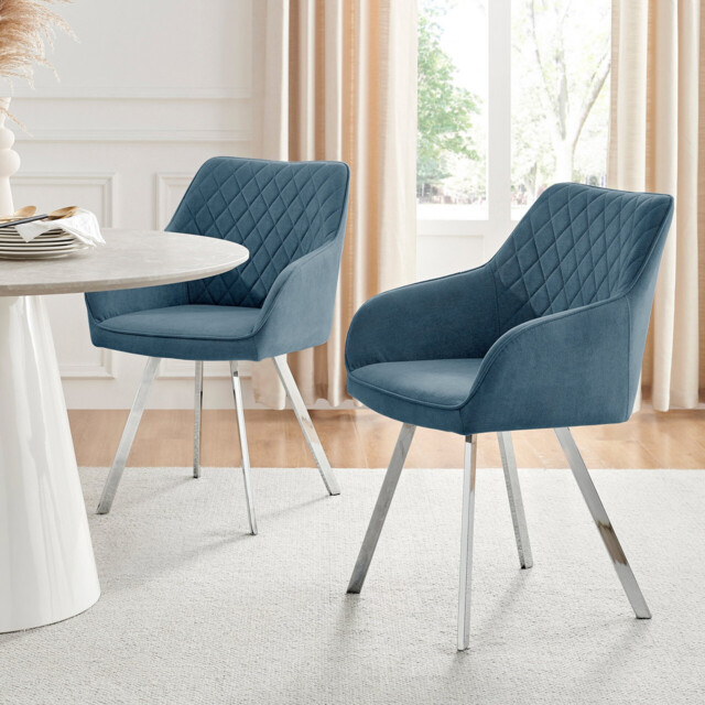 2x Falun Blue Fabric Dining Chairs Silver Legs - image 1