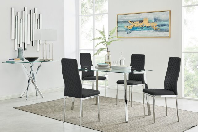 Cosmo Chrome Metal And Glass Dining Table And 4 Milan Dining Chairs Set - image 1