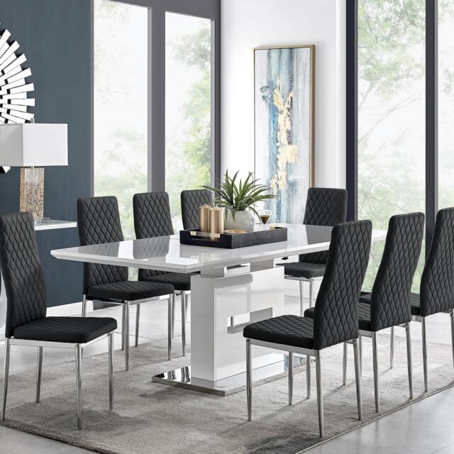 Furniturebox Arezzo Large Extending Dining Table and 8 Milan Chairs, Faux Leather in Black - Size: 39x96x49 cm - image 1