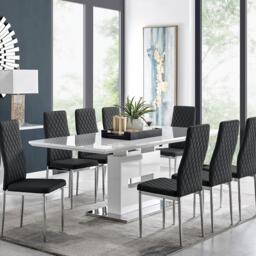 Furniturebox Arezzo Large Extending Dining Table and 8 Milan Chairs, Faux Leather in Black - Size: 39x96x49 cm