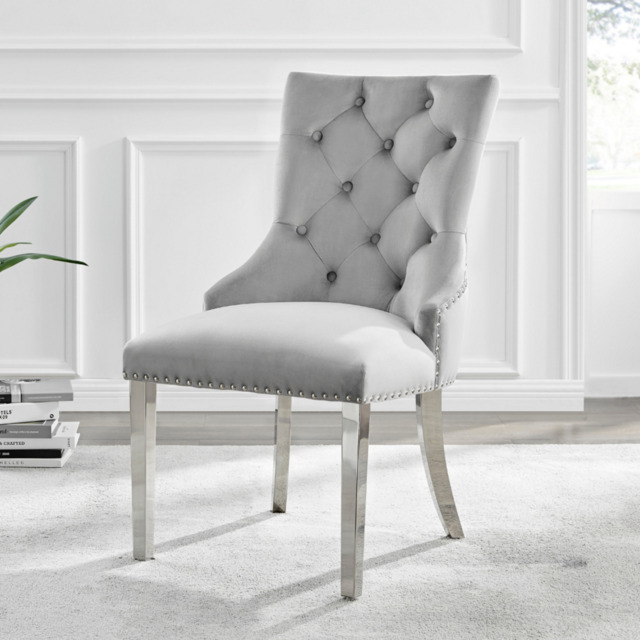 2x Belgravia Grey Velvet Scoop Knockerback Dining Chairs Silver Legs - image 1