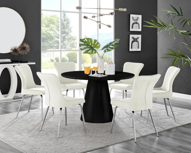 Palma Black High Gloss Round Dining Table & 6 Nora Silver Leg Chairs