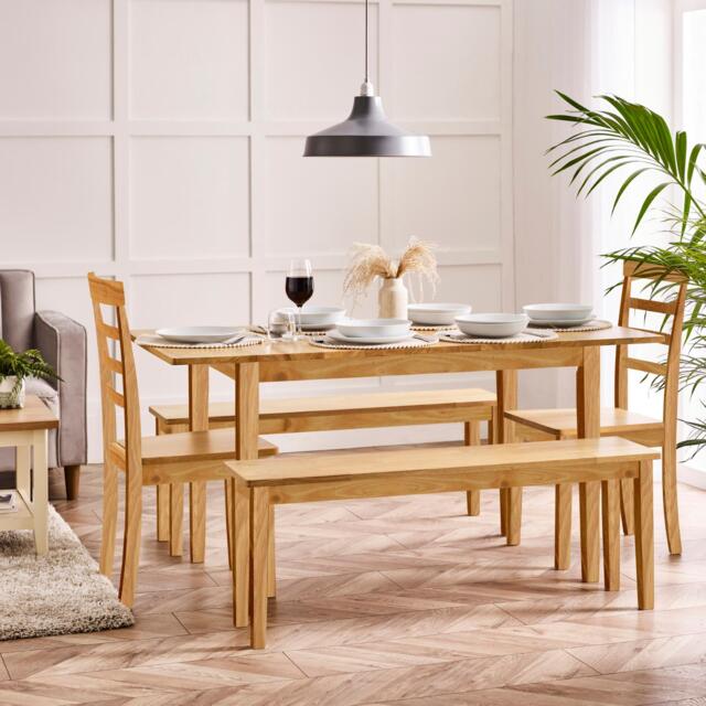 Salcombe Extending Oak Effect Wooden Table with 2 Whitby Chairs & 2 Large Benches - image 1