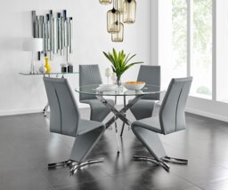 Novara Chrome Metal And Glass Large 120cm Round Dining Table And 4 Willow Chairs Set - thumbnail 1