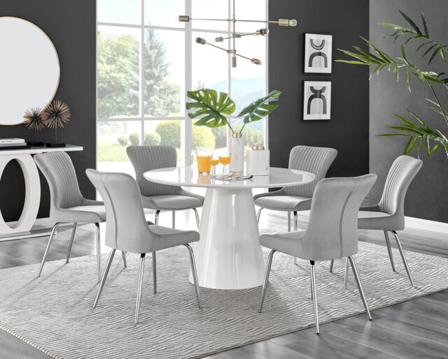 Palma White High Gloss Round Dining Table & 6 Nora Silver Leg Chairs - image 1